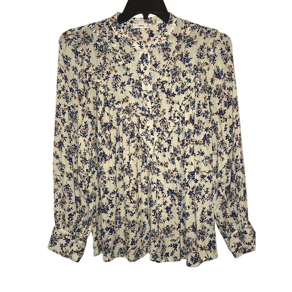 Mango Floral Ruffle Metallic Thread Button Front Coqutte Prairie Blouse Size 8
